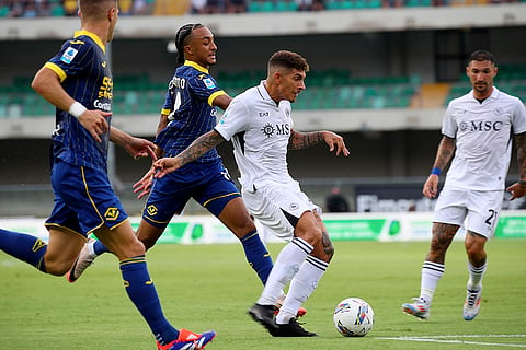 Serie A, Napoli vs Hellas Verona: Giovanni Di Lorenzo, right, and Dailon Livramento in action during the Serie A soccer match
